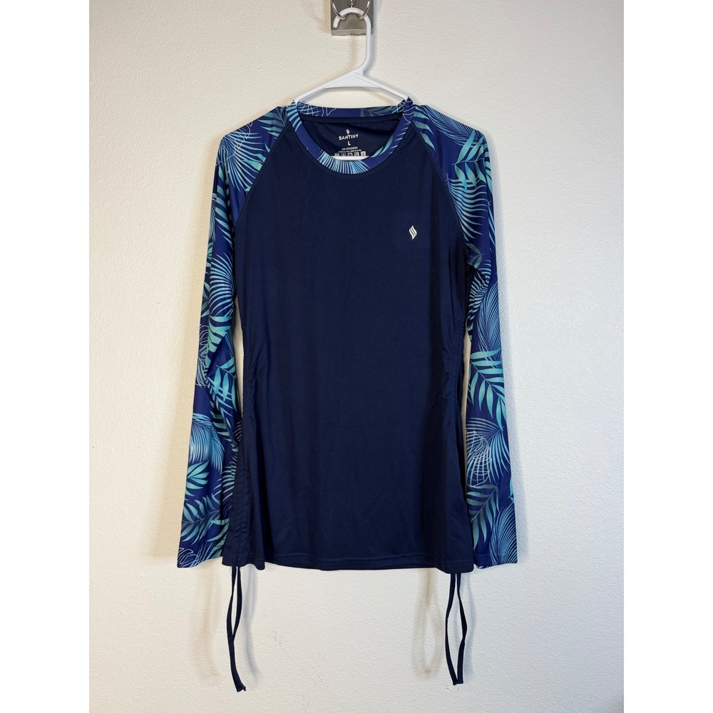 Santiny Womens Navy Tropical Long Sleeve Rash Guard UPF 50+ Swim Shirt Large - Picture 2 of 9